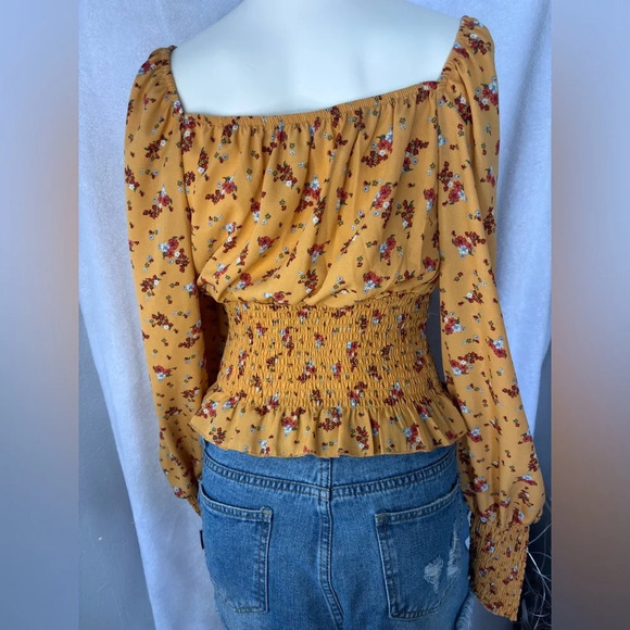 No Comment Floral Smocked Top Square Neck Long Sleeve Blouse Yellow L - Picture 3 of 3
